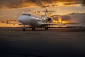 Jet photographed at sunset outside FBO at Salt Lake City International Airport (KSLC)