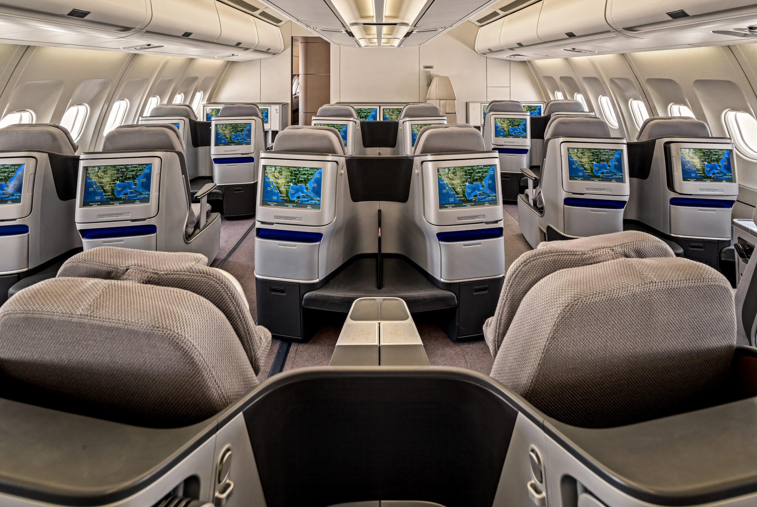 Airbus business class cabin with luxury seating — private jet and VVIP aircraft interior.