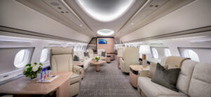 Luxury BBJ interior photographed for international aircraft sales listing in Monaco, showcasing full cabin layout and premium finishes