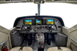 Private plane cockpit interior photographed in New York with custom lighting and tilt-shift lens for accurate cabin proportions