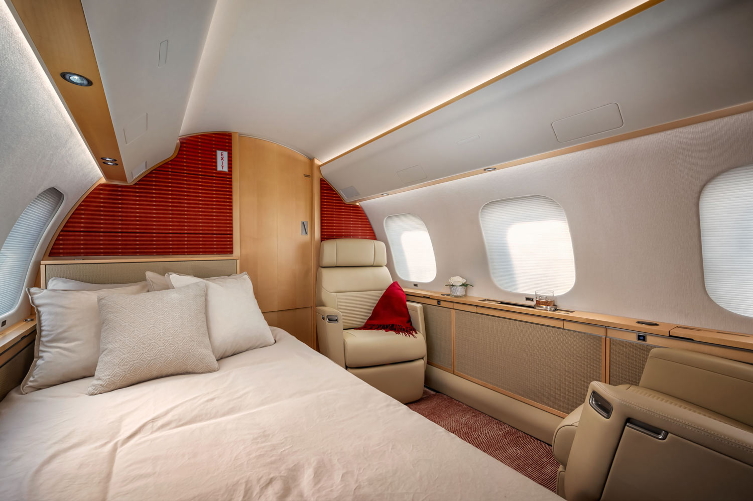 Private jet bedroom suite in the Caribbean featuring a full bed, Aircraft & Yacht Photographer in the Caribbean