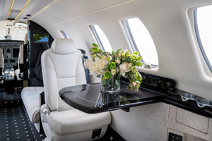 Light jet interior with white leather seating and floral decor photographed at Houston Hobby Airport in Texas