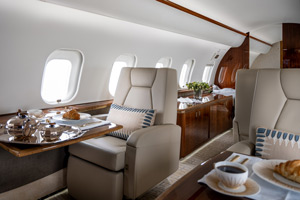 Luxury private jet cabin with breakfast setup photographed at Houston Hobby Airport for a Texas interior designer