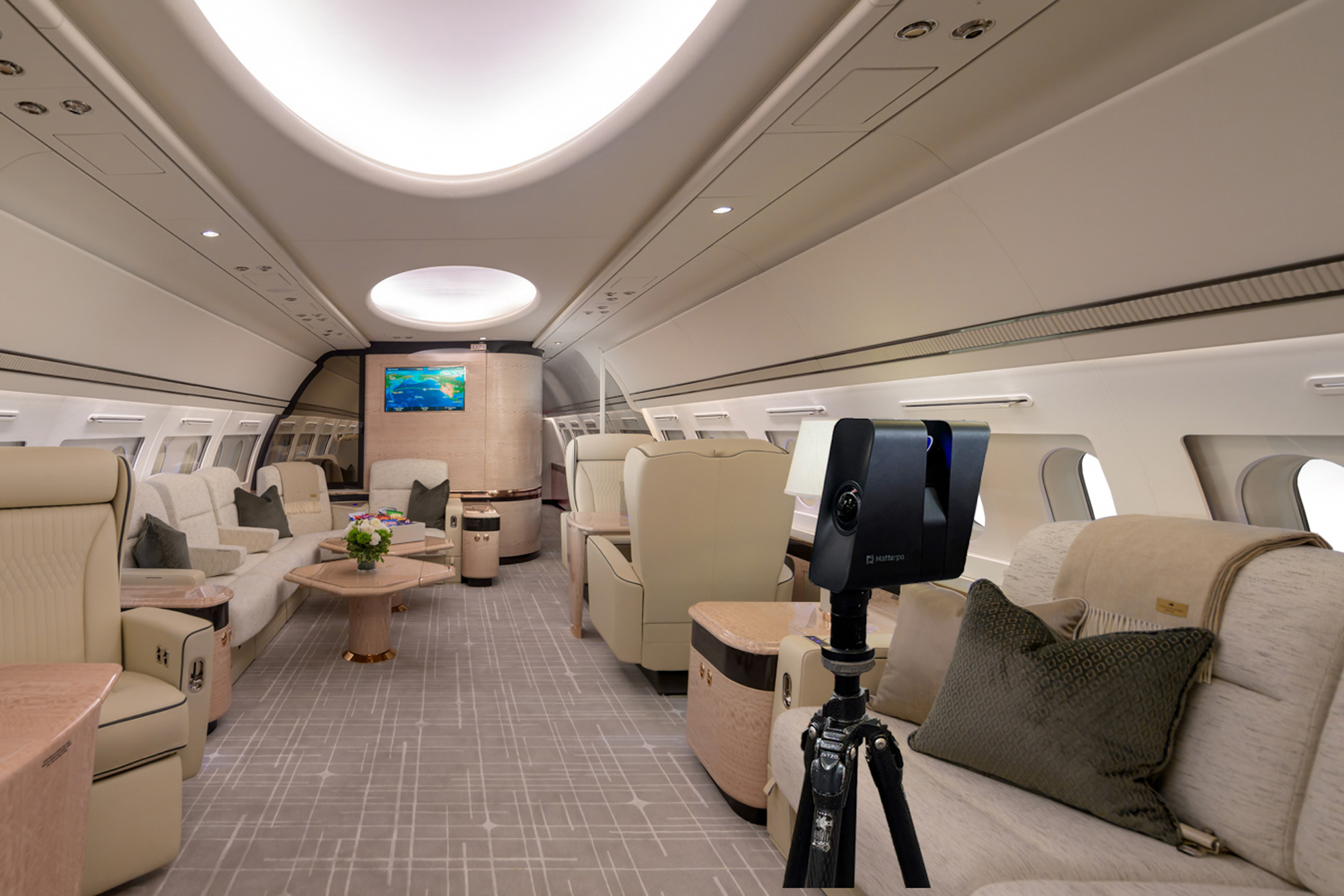 Airbus A319 VVIP jet interior captured with Matterport 3D scan by Dave Koch in Las Vegas, showcasing cream cabin lounge with custom fixtures.